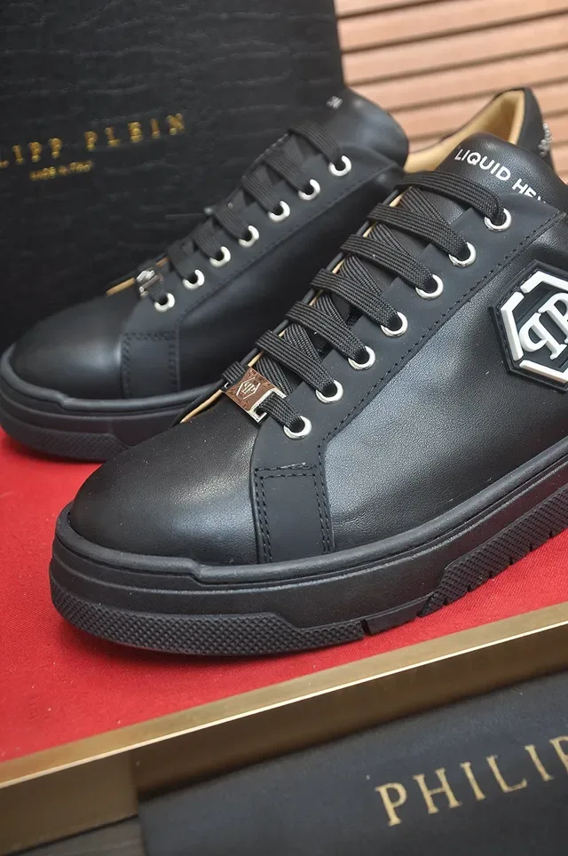 Philipp Plein साइलंट أسود بيج جلد علوي سداسي PP شعار لصق أسلوب حياة حذاء رياضي 8