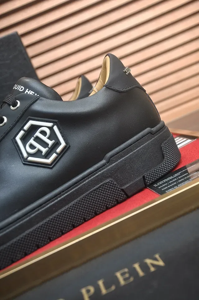Philipp Plein साइलंट أسود بيج جلد علوي سداسي PP شعار لصق أسلوب حياة حذاء رياضي 9