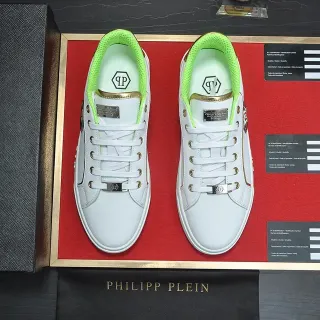 Philipp Plein White and Neon Green Leather Lifestyle Sneakers