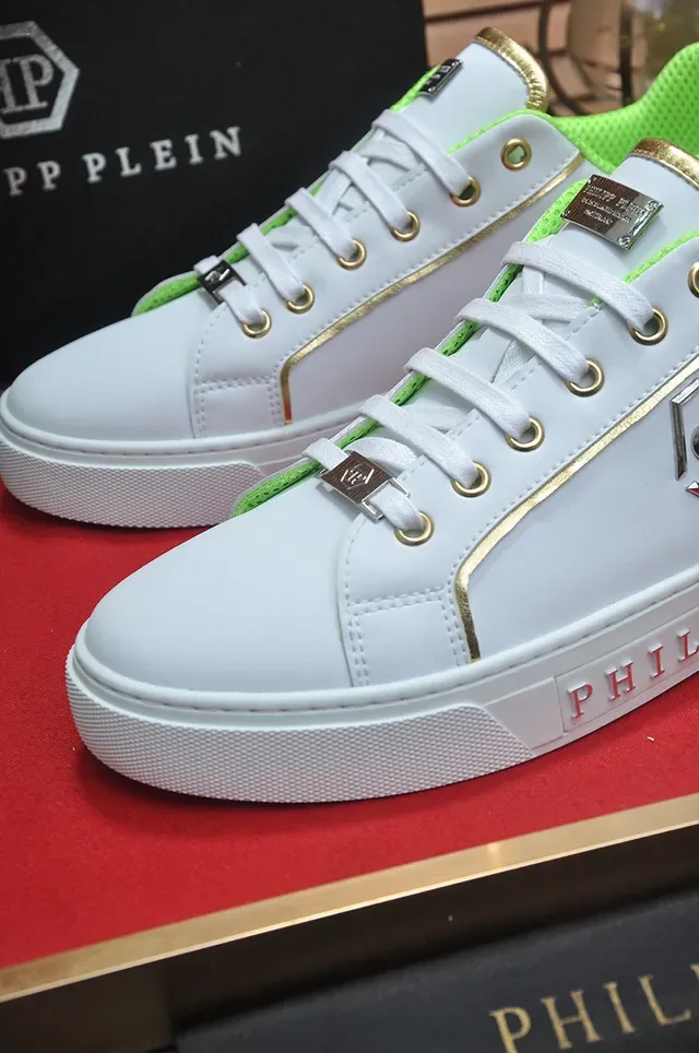 Philipp Plein Blanc et Vert Néon Cuir Lifestyle Sneakers 8