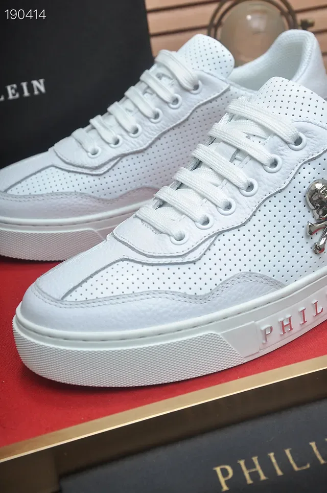 Philipp Plein Branco Prata Couro Perfurado Superior Emblema de Crânio e Ossos Cruzados Tênis Lifestyle 3