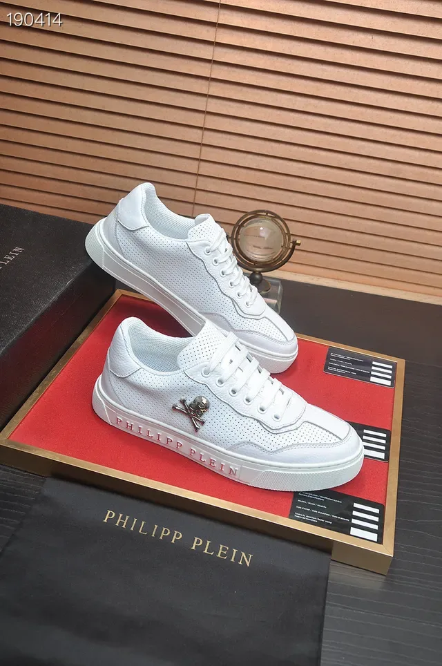Philipp Plein Branco Prata Couro Perfurado Superior Emblema de Crânio e Ossos Cruzados Tênis Lifestyle 6