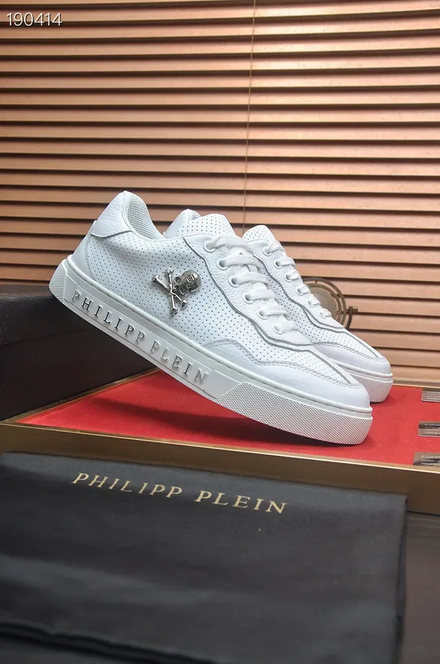Philipp Plein Branco Prata Couro Perfurado Superior Emblema de Crânio e Ossos Cruzados Tênis Lifestyle 8