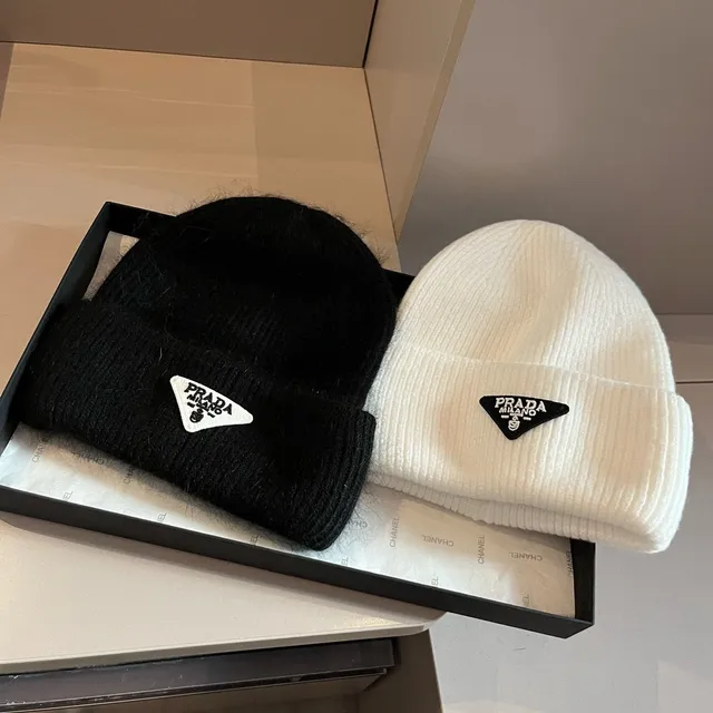 Prada Beige Brown Ribbed Knit Folded Cuff Beanie 2