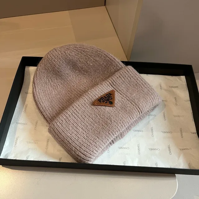 Prada Beige Brown Ribbed Knit Folded Cuff Beanie 5