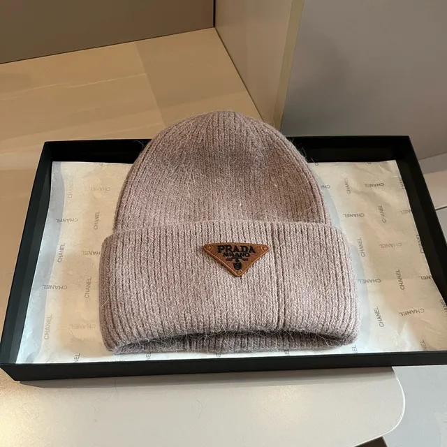 Prada Beige Brown Ribbed Knit Folded Cuff Beanie 6