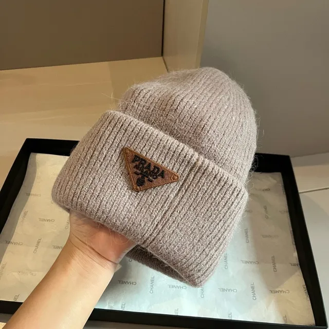 Prada Beige Brown Ribbed Knit Folded Cuff Beanie 7