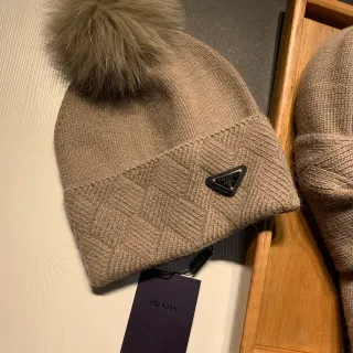 Prada Beige Knit Herringbone Cuff Faux Fur Pom-Pom Beanie