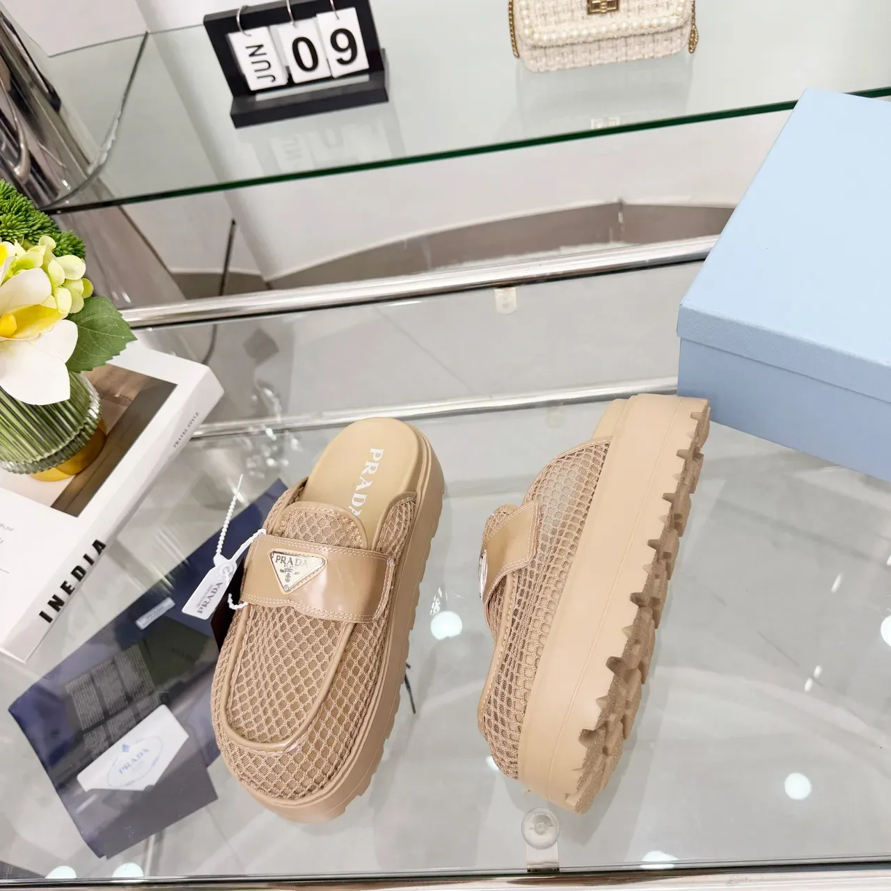 Prada Beige Woven Monogram Nylon Patent Leather Strap Casual Shoes 2