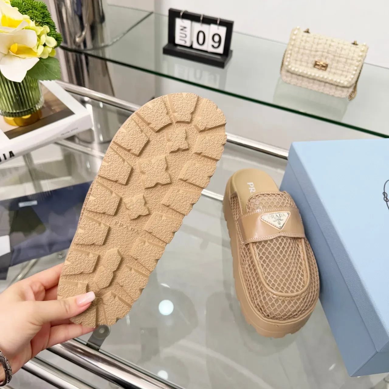 Prada Beige Woven Monogram Nylon Patent Leather Strap Casual Shoes 3