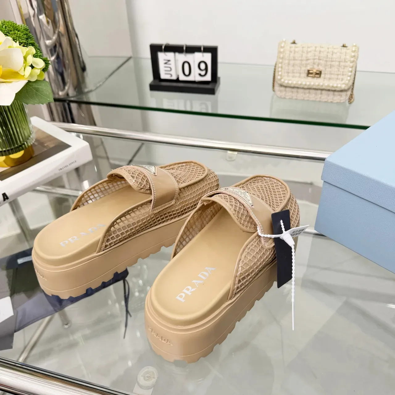Prada Beige Woven Monogram Nylon Patent Leather Strap Casual Shoes 4