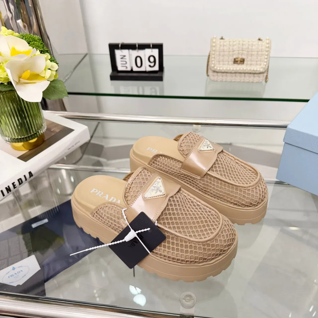 Prada Beige Woven Monogram Nylon Patent Leather Strap Casual Shoes 5