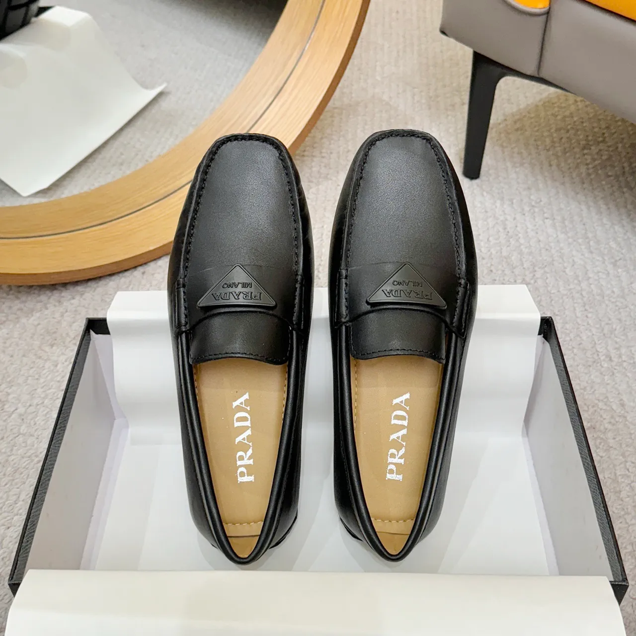 Prada Black Beige Leather Square Toe Loafer 3