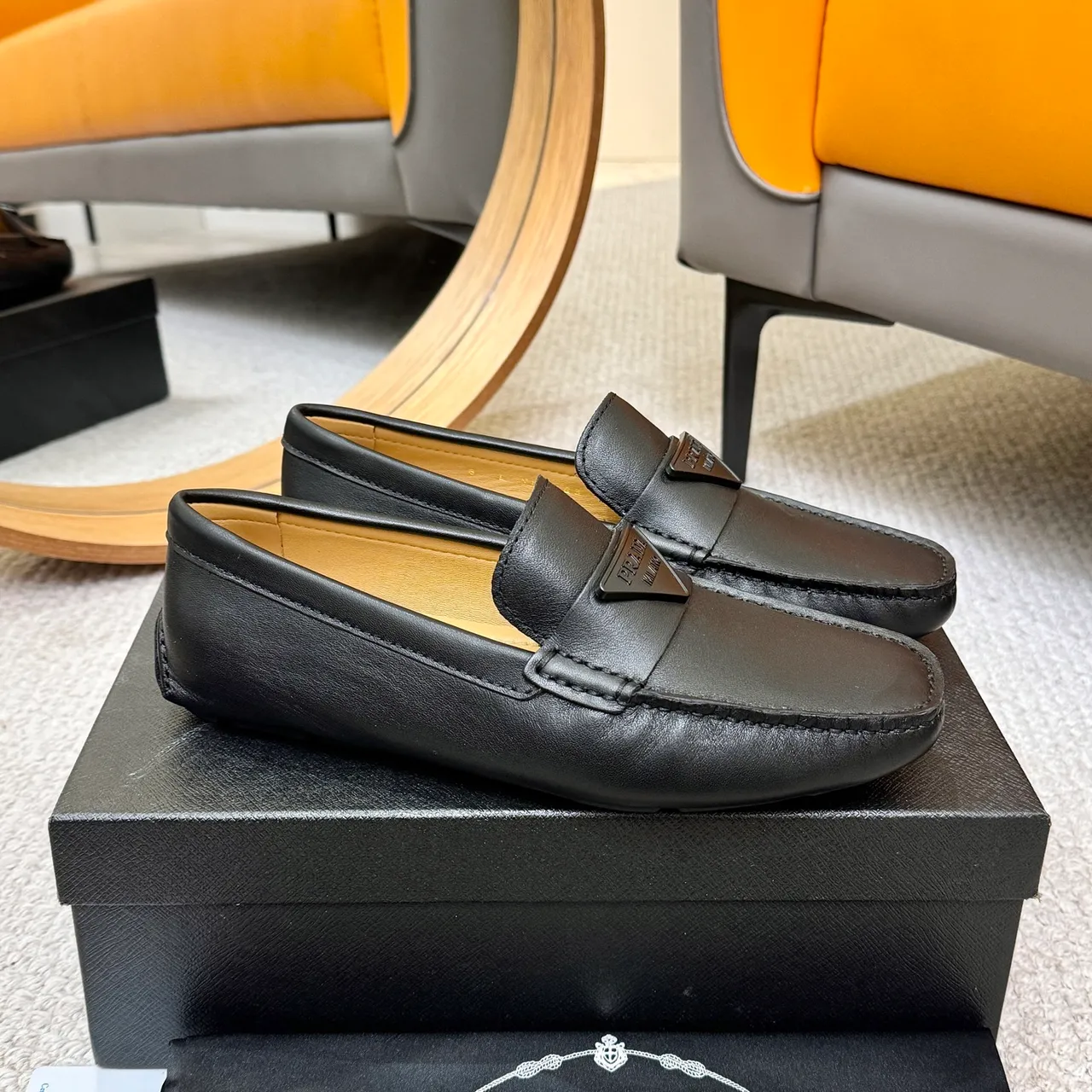 Prada Black Beige Leather Square Toe Loafer 4