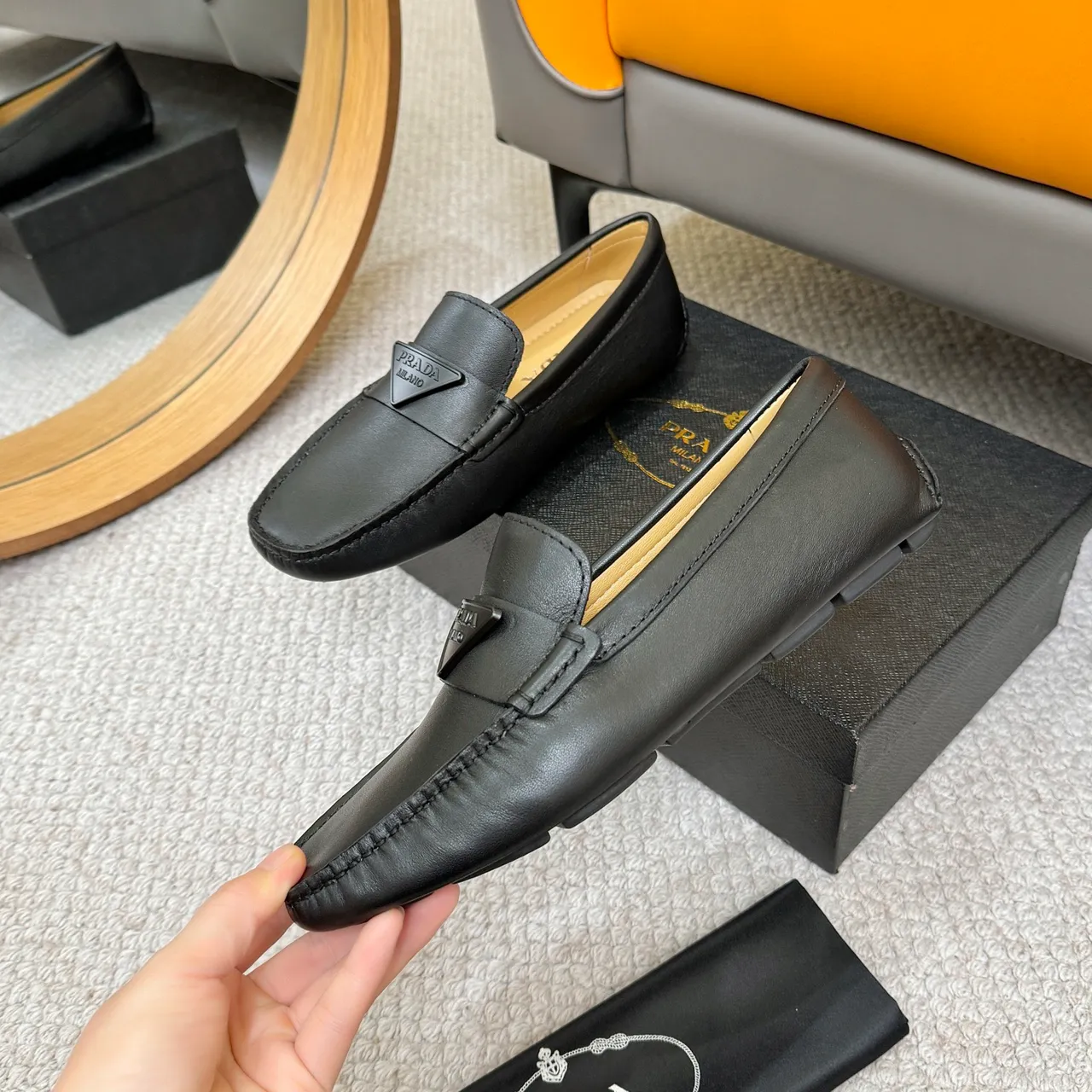 Prada Black Beige Leather Square Toe Loafer 5