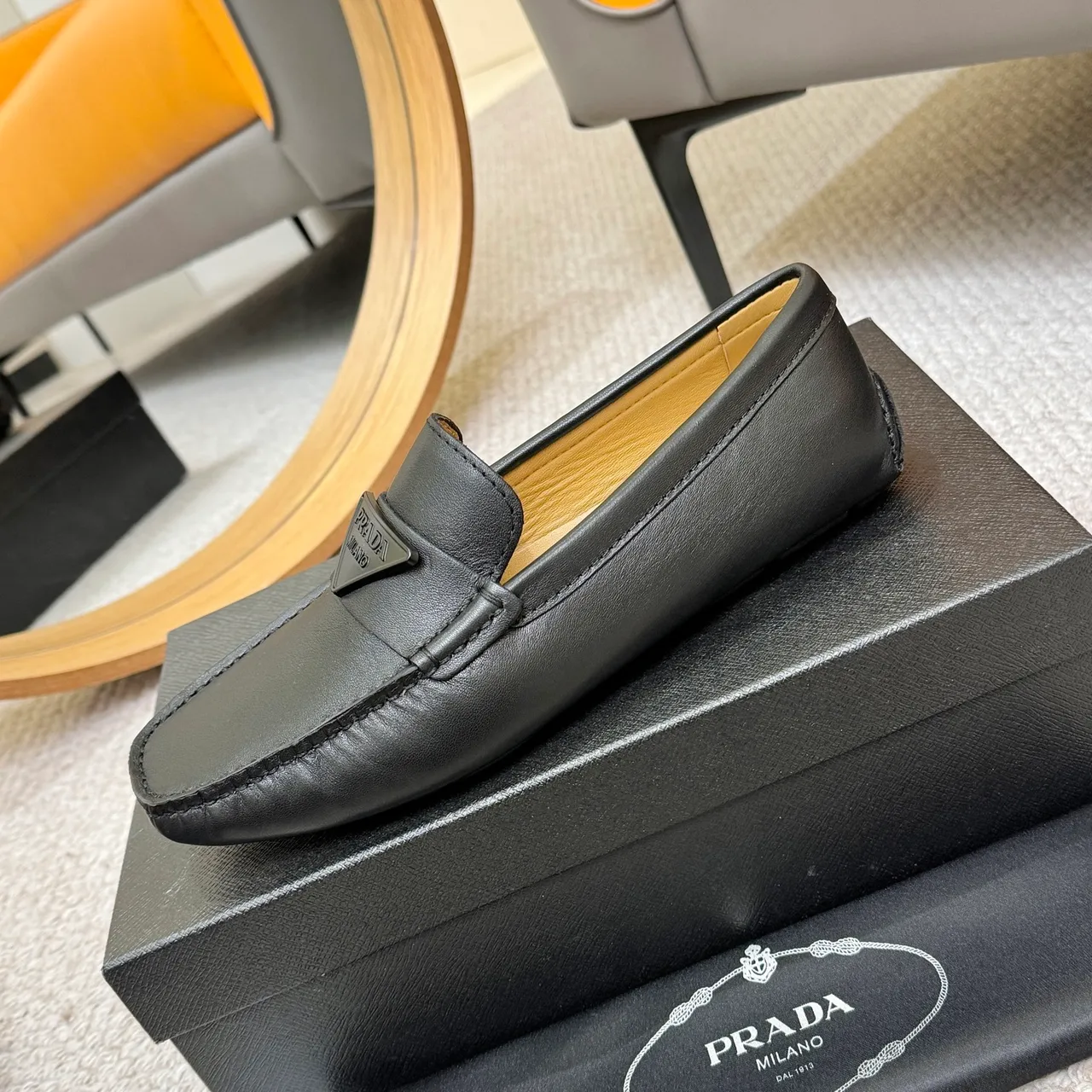 Prada Black Beige Leather Square Toe Loafer 6