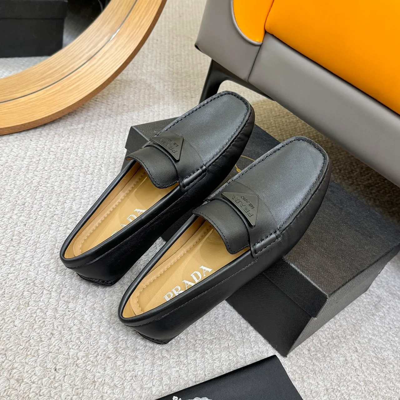 Prada Black Beige Leather Square Toe Loafer 8