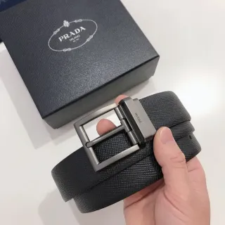 Prada Black Gray Textured Matte Gunmetal Buckle Leather Belt