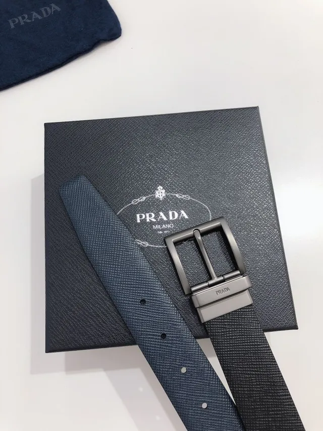 Prada Black Gray Textured Matte Gunmetal Buckle Leather Belt 2