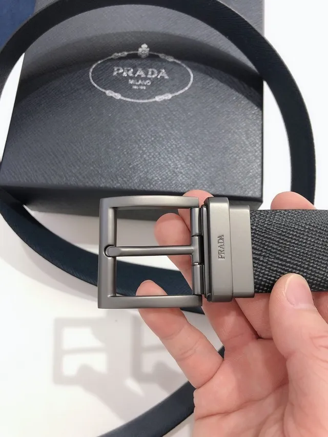 Prada Black Gray Textured Matte Gunmetal Buckle Leather Belt 4