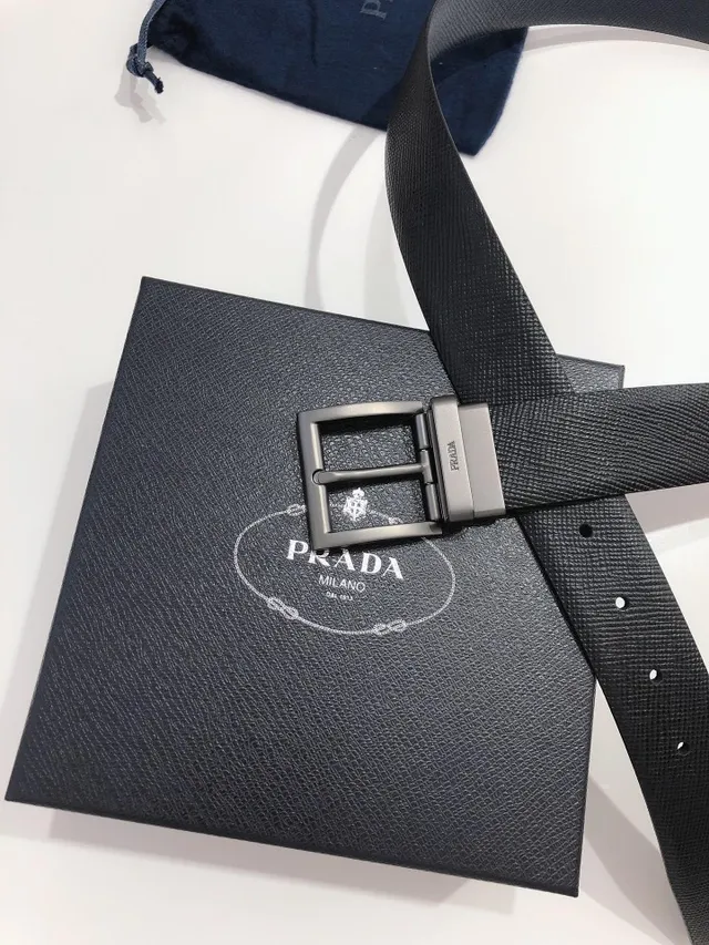 Prada Black Gray Textured Matte Gunmetal Buckle Leather Belt 8