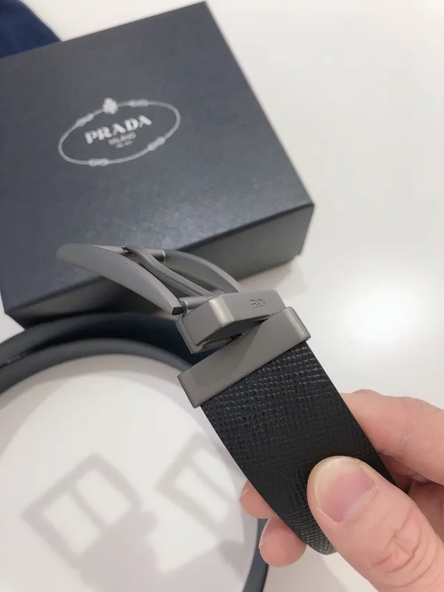 Prada Black Gray Textured Matte Gunmetal Buckle Leather Belt 9