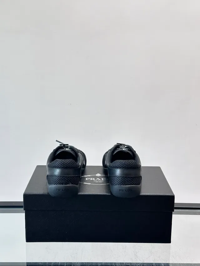 Prada Black Mesh-and-Leather Upper Triangular Lace Hardware Lifestyle Sneakers 3