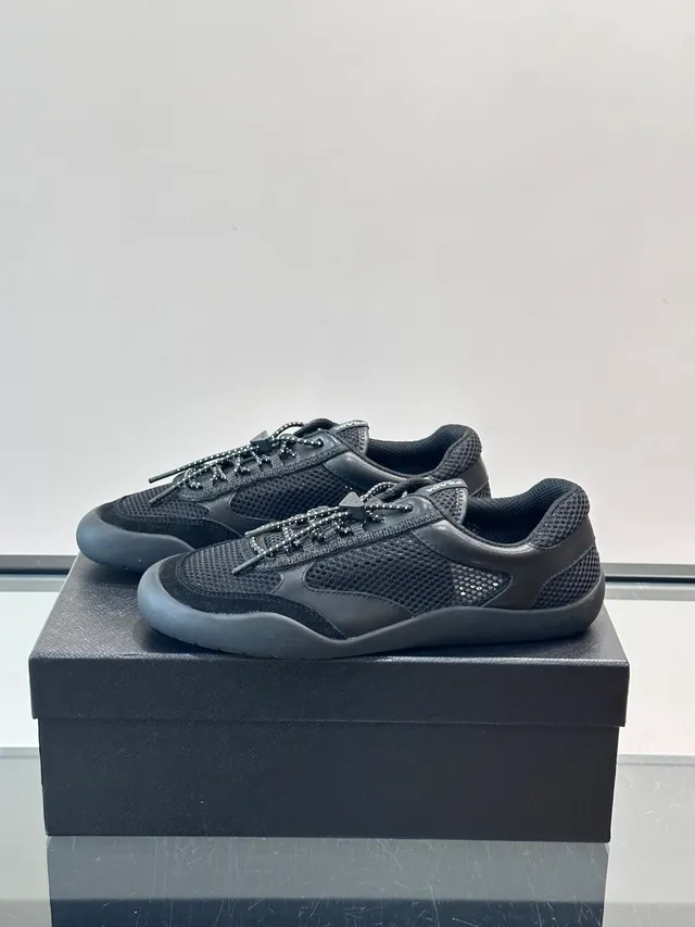 Prada Black Mesh-and-Leather Upper Triangular Lace Hardware Lifestyle Sneakers 5
