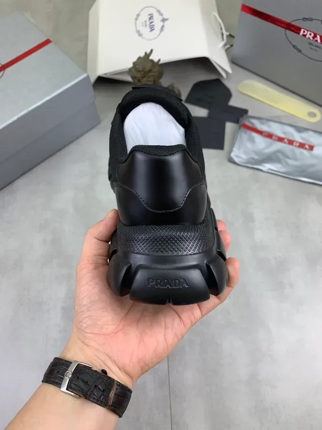 Prada Black Monochrome Mesh And Synthetic Overlay Chunky Sneakers 3