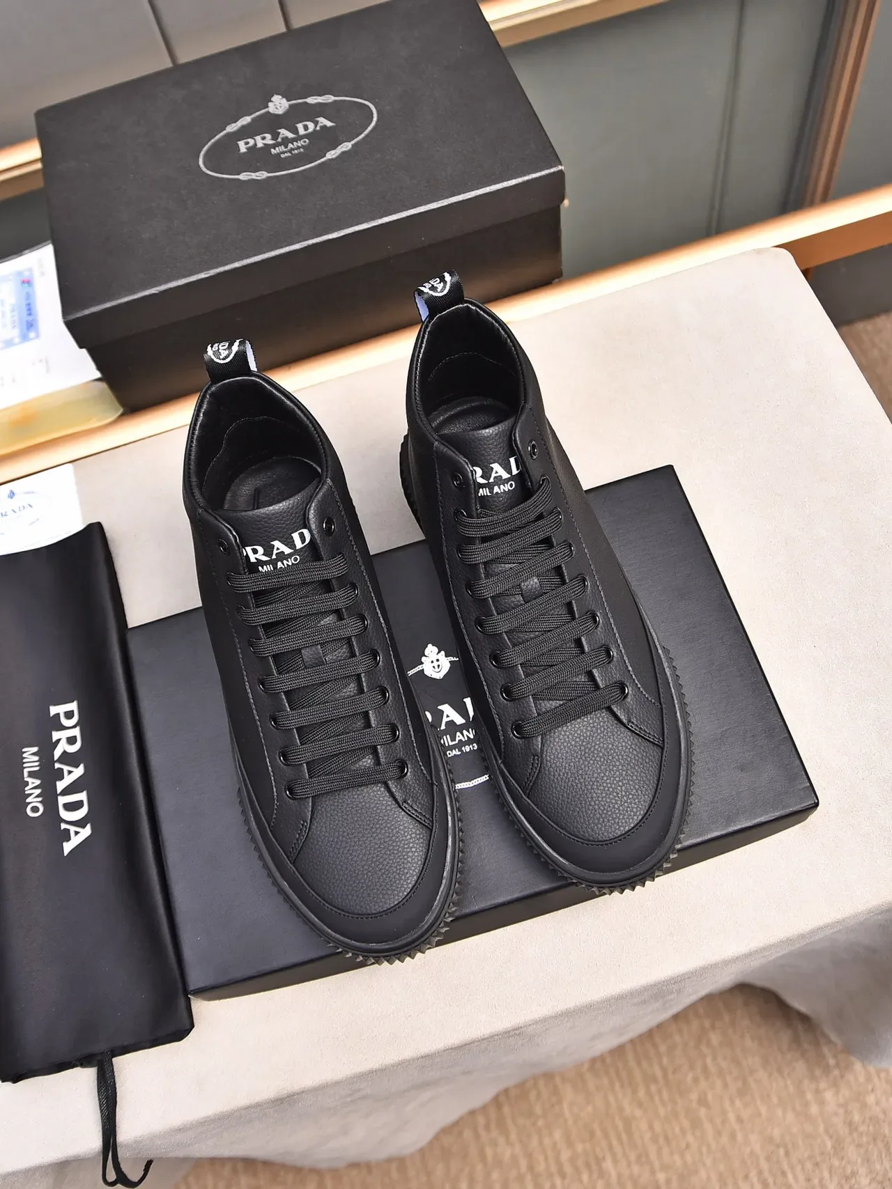 Prada Black Red High-Top Pebbled Leather Lifestyle Sneakers 2