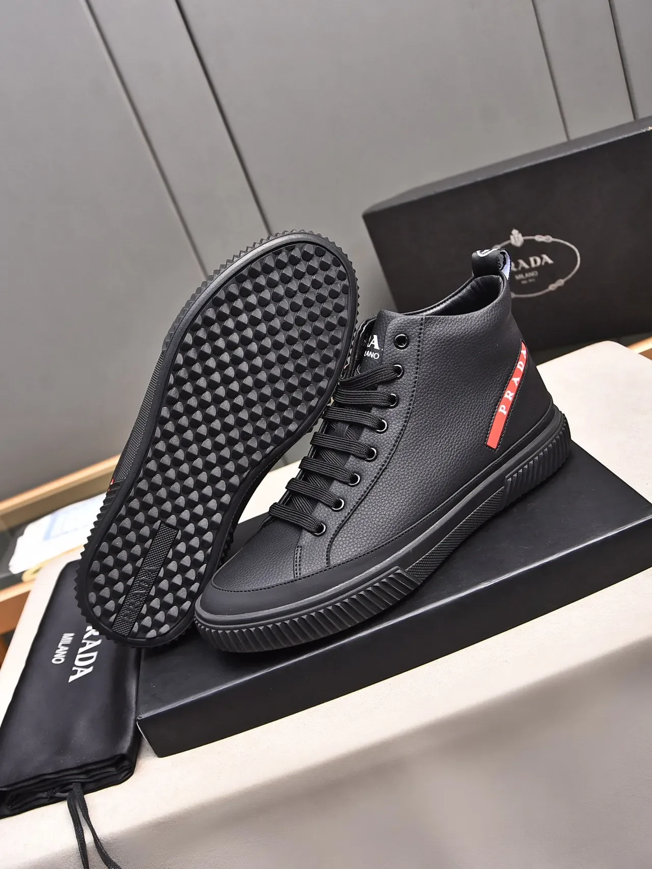 Prada Black Red High-Top Pebbled Leather Lifestyle Sneakers 4
