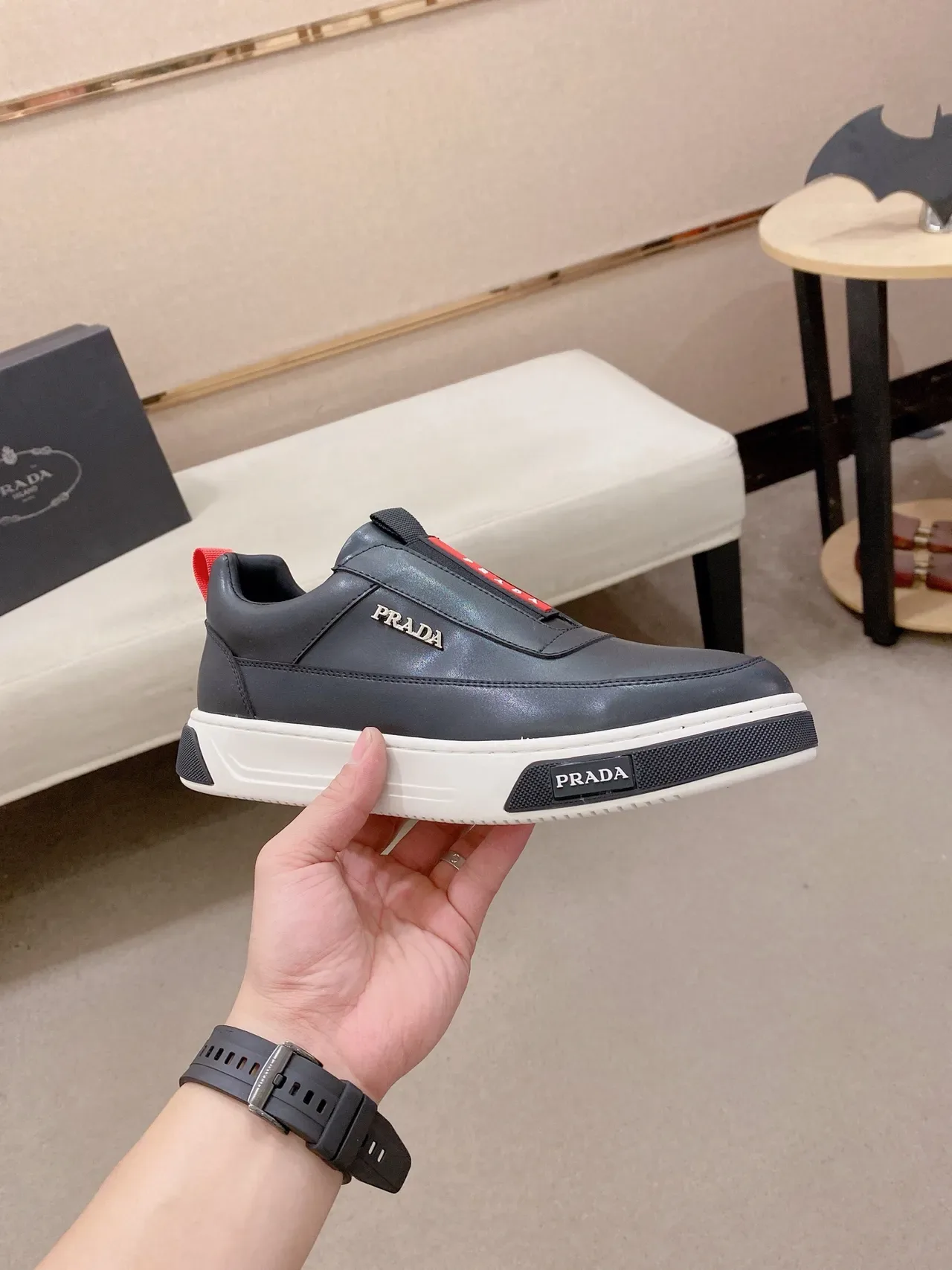 Prada Black Red Slip-On Leather Upper Lifestyle Sneakers 4
