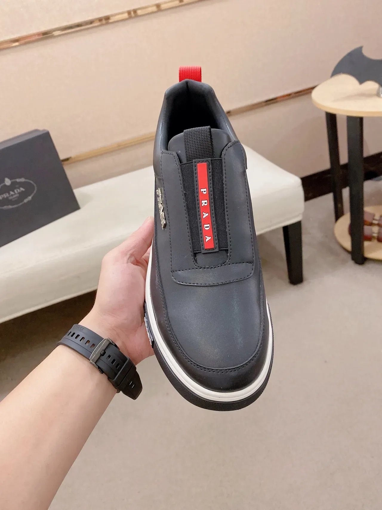 Prada Black Red Slip-On Leather Upper Lifestyle Sneakers 5