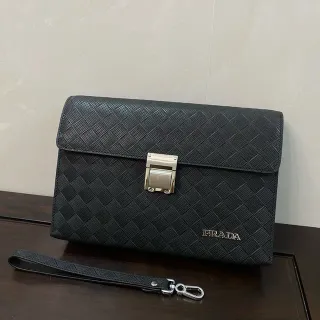 Prada Black Silver Intrecciato Woven Leather Flap-Top Silhouette Envelope Clutch