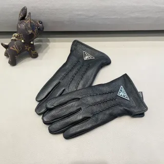 Prada Black Silver Pebbled Zigzag Topstitching Leather Gloves