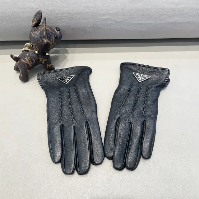 Prada Black Silver Pebbled Zigzag Topstitching Leather Gloves 2