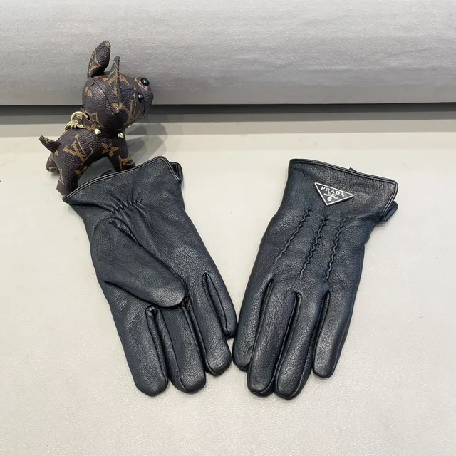 Prada Black Silver Pebbled Zigzag Topstitching Leather Gloves 3