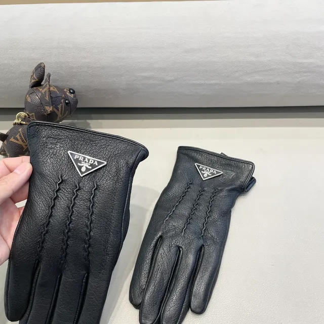 Prada Black Silver Pebbled Zigzag Topstitching Leather Gloves 4