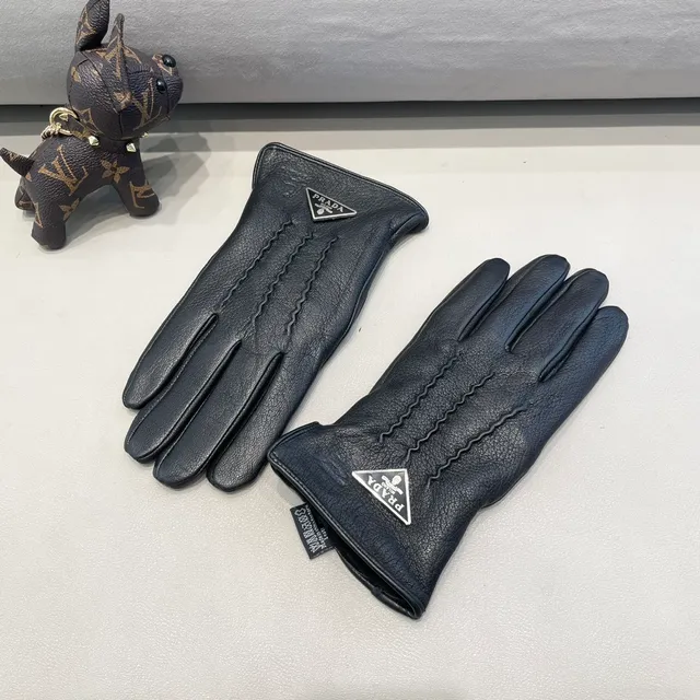 Prada Black Silver Pebbled Zigzag Topstitching Leather Gloves 6