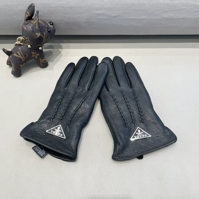 Prada Black Silver Pebbled Zigzag Topstitching Leather Gloves 7
