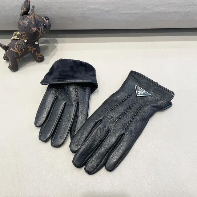 Prada Black Silver Pebbled Zigzag Topstitching Leather Gloves 8