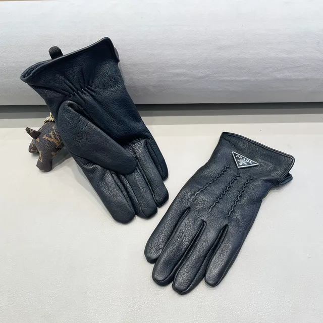 Prada Black Silver Pebbled Zigzag Topstitching Leather Gloves 9
