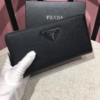 Prada Black Silver Saffiano Leather Texture Zip-Around Closure Long Wallet