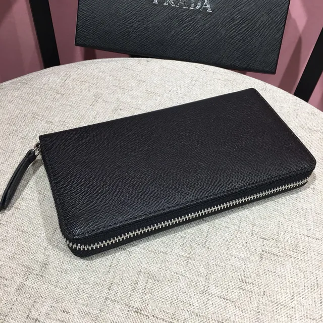 Portefeuille long Prada noir argent cuir Saffiano texture fermeture à glissière 7