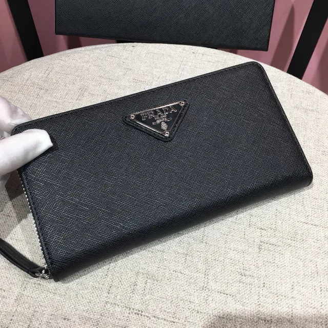 Portefeuille long Prada noir argent cuir Saffiano texture fermeture à glissière 8