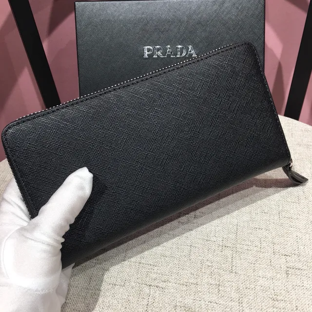 Portefeuille long Prada noir argent cuir Saffiano texture fermeture à glissière 9