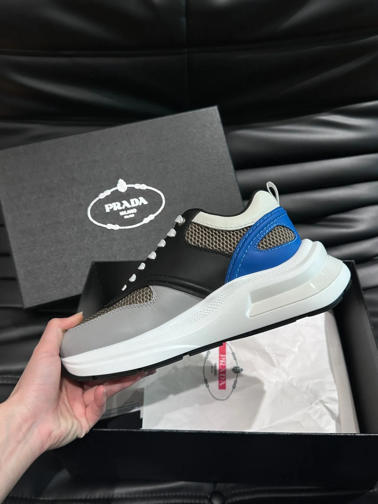Prada Black White Layered Mixed-Material Upper Midsole Chunky Sneakers 6