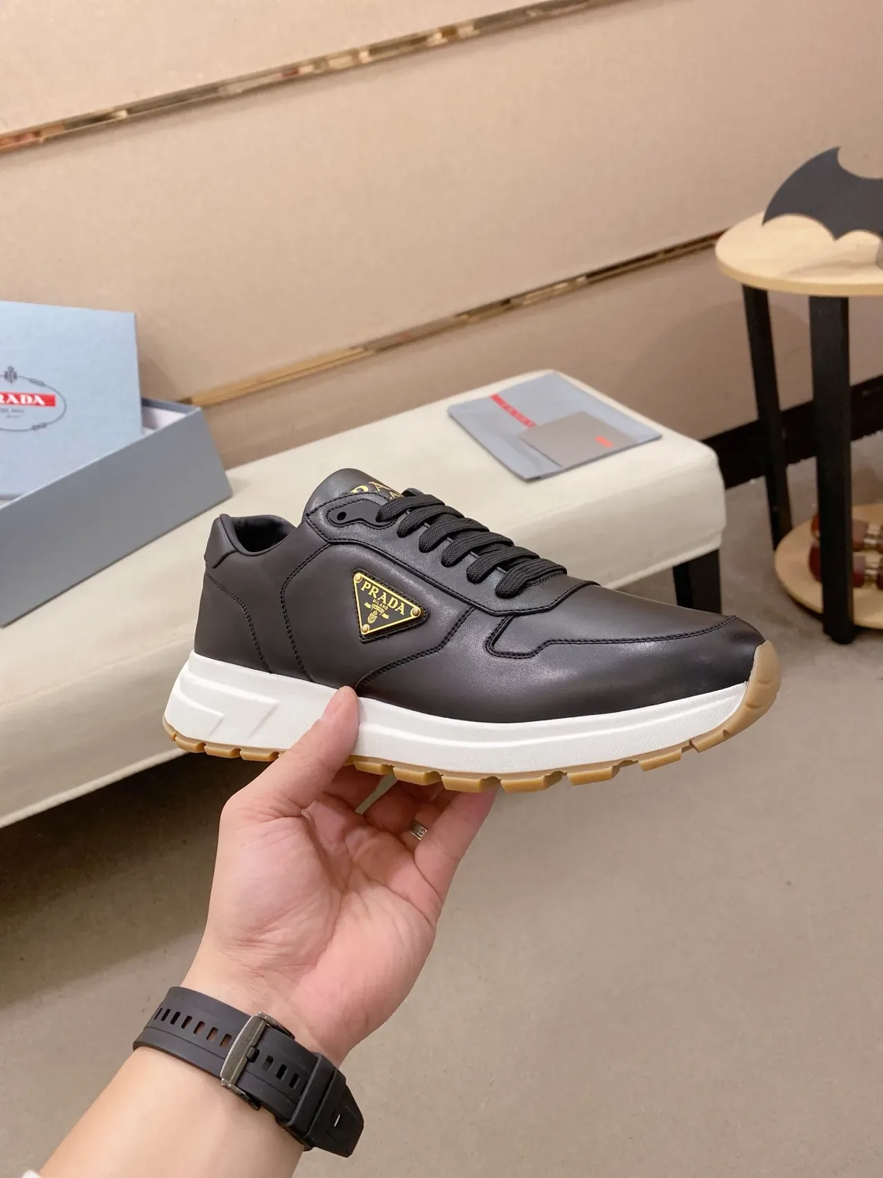 Prada Black White Leather-Paneled Upper Triangular Logo Patch Lifestyle Sneakers 4