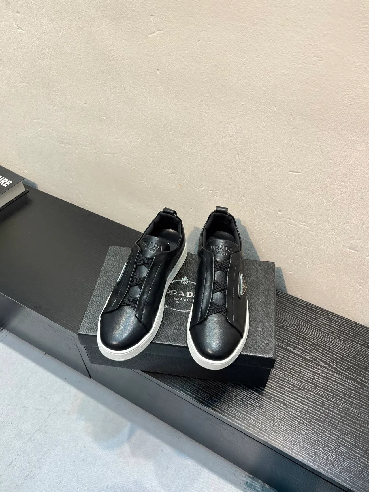 Prada Black White Slip-On Leather Upper Lifestyle Sneakers 2