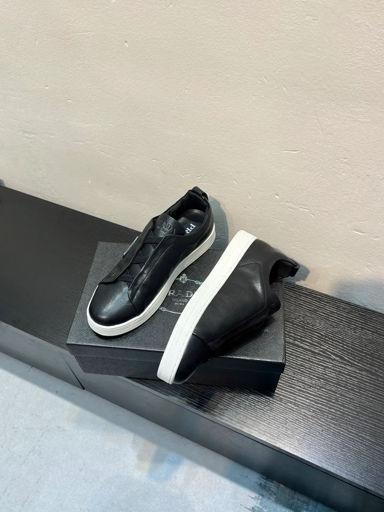 Prada Black White Slip-On Leather Upper Lifestyle Sneakers 4
